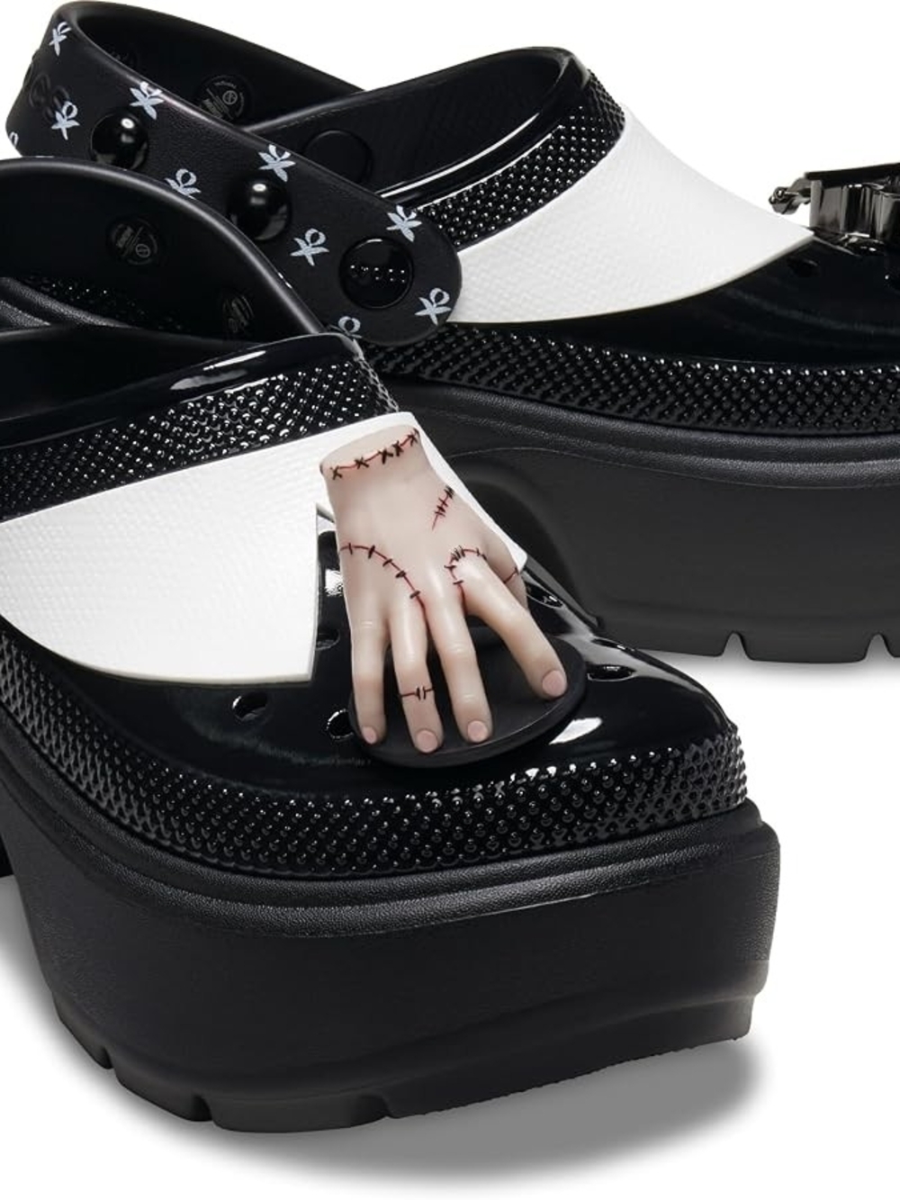 CROCS Black and White Platform Mary Jane Clogs with Detachable Hand Charm